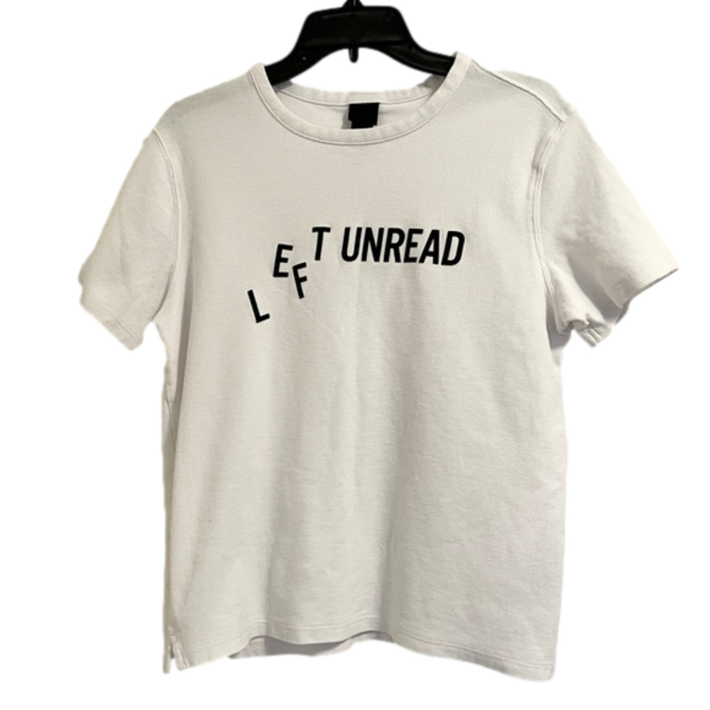2 for $10 | H&M ‘LEFT UNREAD’ White Short Sleeve Shirt Crew Neck Women’s Medium - Picture 2 of 10